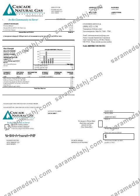 USA Cascade Natural Gas business utility bill, Word and PDF template
